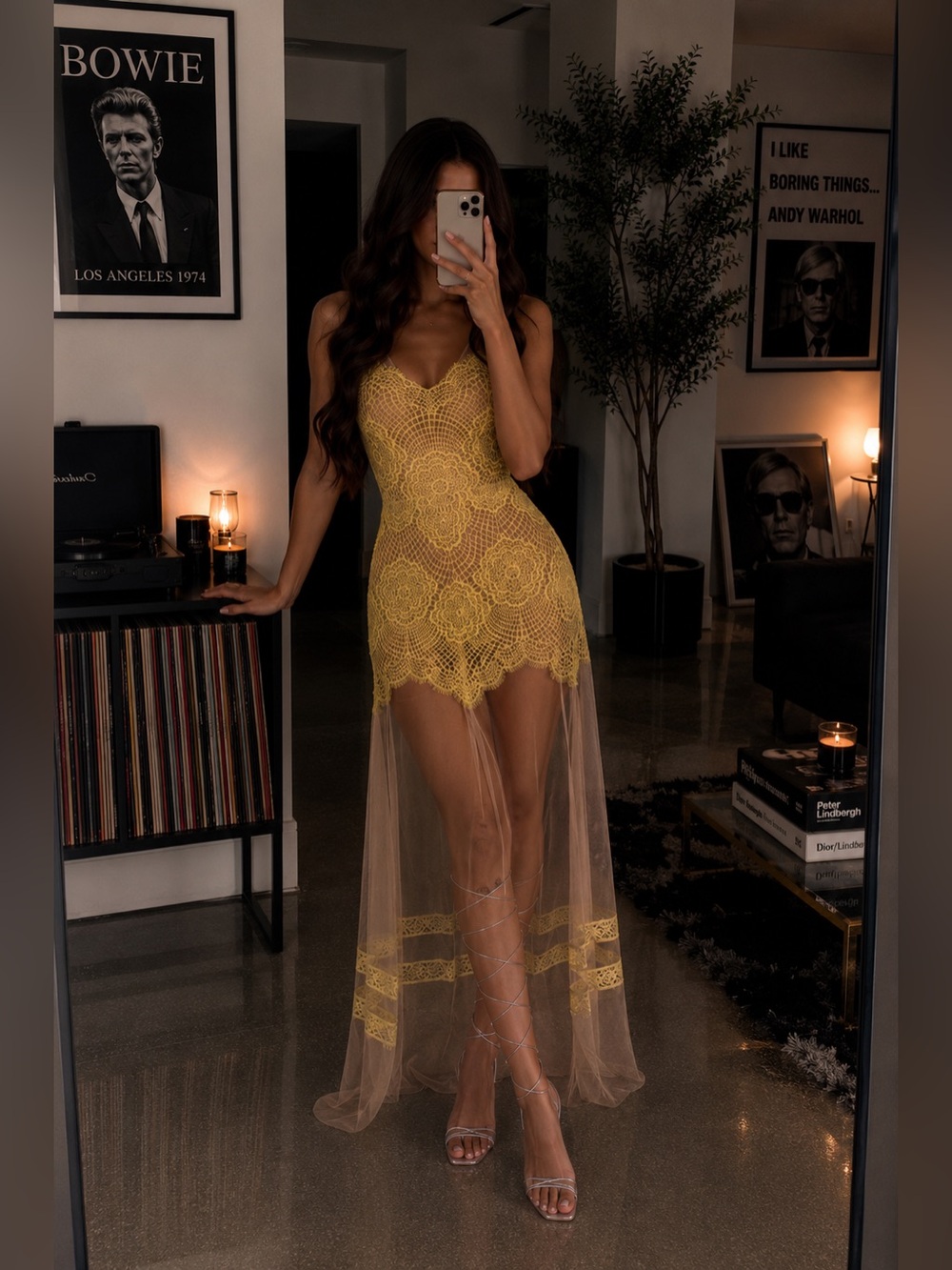 For Love Lemons Antigua Maxi Dress Chartreuse Lace Mesh Sheer Overlay Womens XS